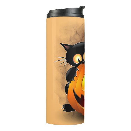 Cat Fun Halloween Character biting a Pumpkin  Thermosbecher (Nach links gedreht)