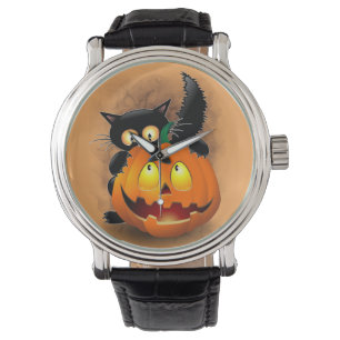 Cat Fun Halloween Charakter beißt einen Kürbis Armbanduhr