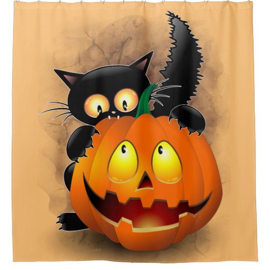 Cat Fun Halloween Charakter beißt einen Kürbis Duschvorhang (Vorderseite)