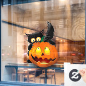 Cat Fun Halloween Charakter beißt einen Kürbis Fensteraufkleber (Café-Fenster)