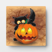 Cat Fun Halloween Charakter beißt einen Kürbis Fotoplatte (Vorderseite)