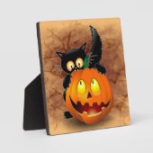 Cat Fun Halloween Charakter beißt einen Kürbis Fotoplatte (Vorderseite)