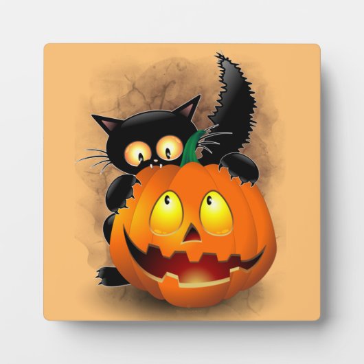 Cat Fun Halloween Charakter beißt einen Kürbis Fotoplatte (Vorderseite)
