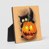 Cat Fun Halloween Charakter beißt einen Kürbis Fotoplatte (Vorderseite)