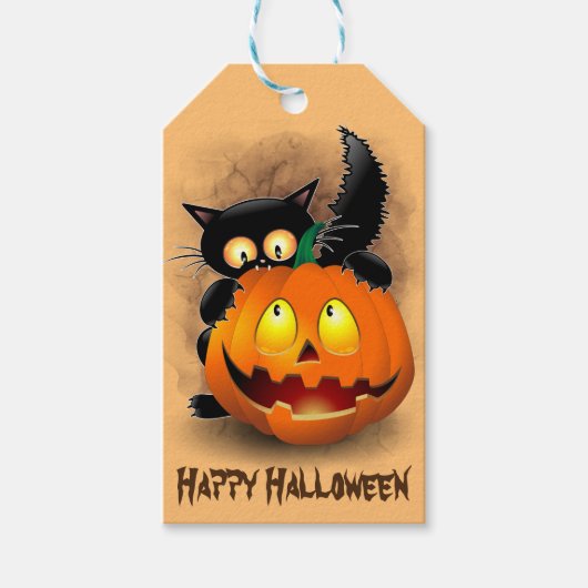 Cat Fun Halloween Charakter beißt einen Kürbis Geschenkanhänger (Vorderseite)