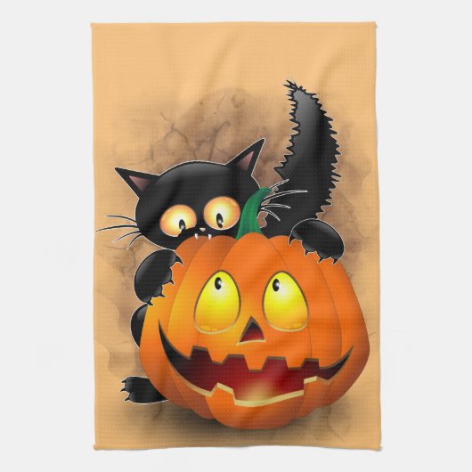 Cat Fun Halloween Charakter beißt einen Kürbis Geschirrtuch (Vertikal)