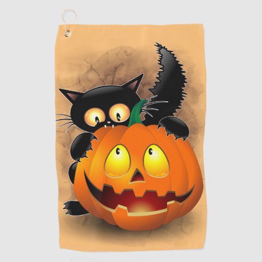 Cat Fun Halloween Charakter beißt einen Kürbis Golfhandtuch (Vorderseite)