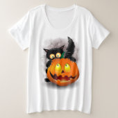 Cat Fun Halloween Charakter beißt einen Kürbis Große Größe T-Shirt (Design vorne)
