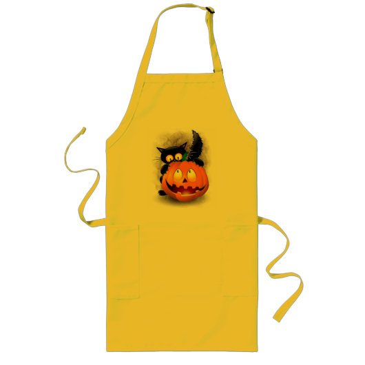 Cat Fun Halloween Charakter beißt einen Kürbis Lange Schürze (Vorne)