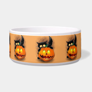 Cat Fun Halloween Charakter beißt einen Kürbis Napf