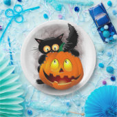 Cat Fun Halloween Charakter beißt einen Kürbis Pappteller (Party)