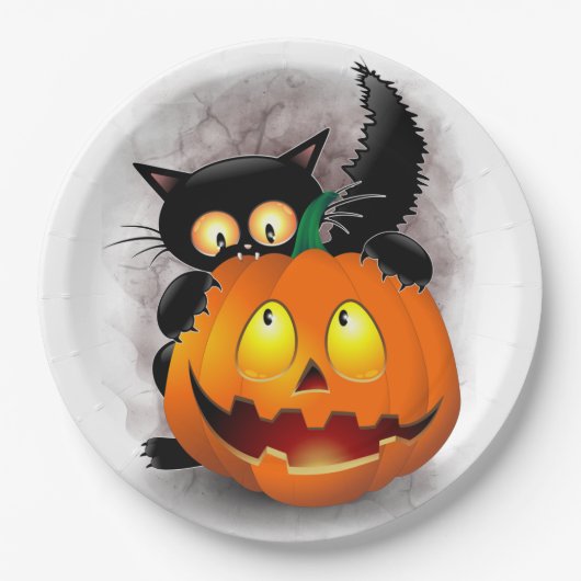 Cat Fun Halloween Charakter beißt einen Kürbis Pappteller (Vorderseite)