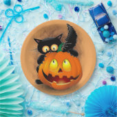 Cat Fun Halloween Charakter beißt einen Kürbis Pappteller (Party)