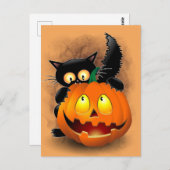 Cat Fun Halloween Charakter beißt einen Kürbis Postkarte (Vorne/Hinten)