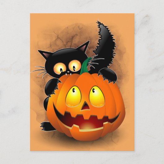 Cat Fun Halloween Charakter beißt einen Kürbis Postkarte (Vorderseite)