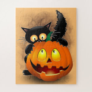 Cat Fun Halloween Charakter beißt einen Kürbis Puzzle