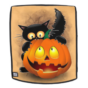 Cat Fun Halloween Charakter beißt einen Kürbis Rucksack