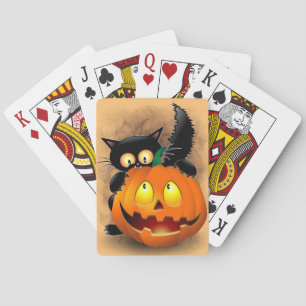 Cat Fun Halloween Charakter beißt einen Kürbis Spielkarten