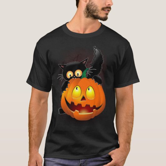 Cat Fun Halloween Charakter beißt einen Kürbis T-Shirt (Vorderseite)