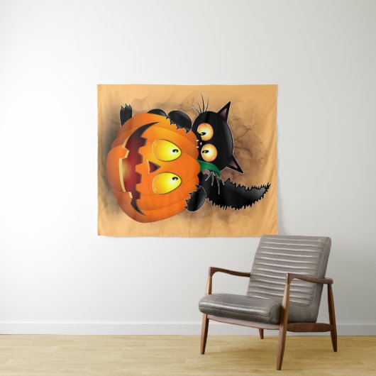 Cat Fun Halloween Charakter beißt einen Kürbis Wandteppich (Beispiel (Horizontal))