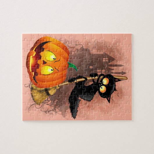 Cat Fun Halloween Charakter verängstigt von einem  Puzzle (Horizontal)