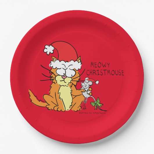 Cat Funny Christmas Cartoon Niedlich Mouse Pappteller (Vorderseite)
