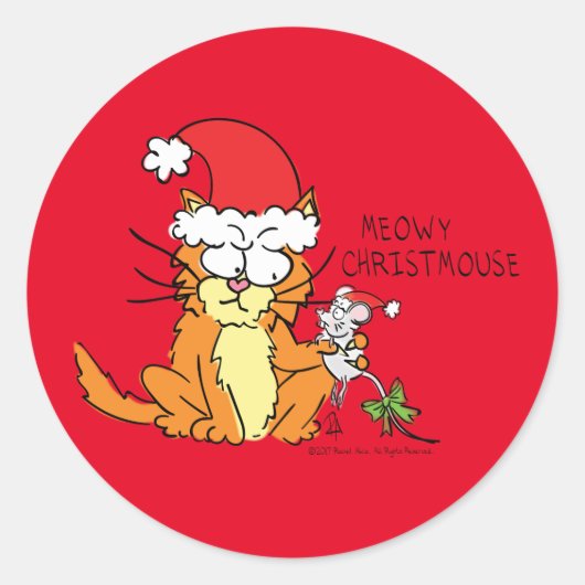 Cat Funny Christmas Cartoon Niedlich Mouse Runder Aufkleber (Vorderseite)