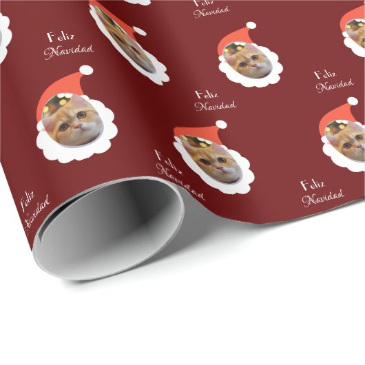 Cat Funny Face Frohe Weihnachten Spanisches Foto Geschenkpapier (Rolleneckpunkt)