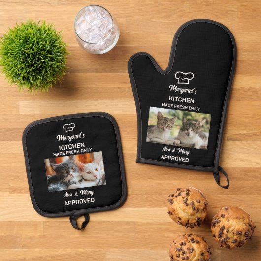 Cat Funny Kitchen Made Fresh Daily authorised Foto Ofenhandschuh & Topflappen-Set (Oben Unten)