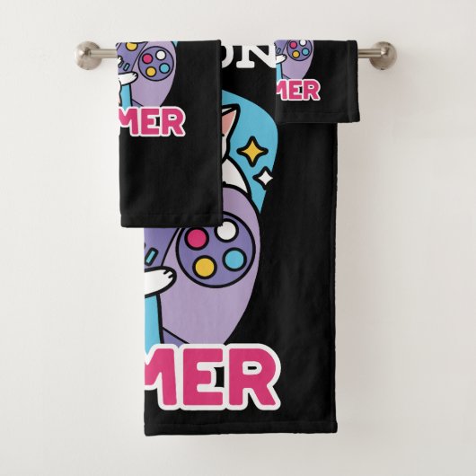 Cat Gamer Design - Purer On Gamer Joystick Art Badhandtuch Set (Insitu)