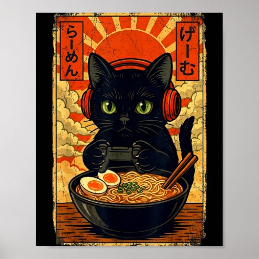 Cat Gamer Men Anime Kawaii Funny Gaming Headset Ca Poster (Vorne)