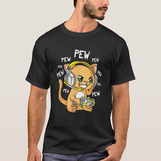 Cat Gamer mit Headset Funny Gaming PEW PEW T-Shirt (Vorderseite)