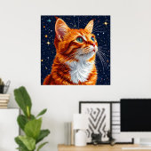 Cat Gazing bei einem Sternenkosmischen Nachthimmel Poster (Heimbüro)