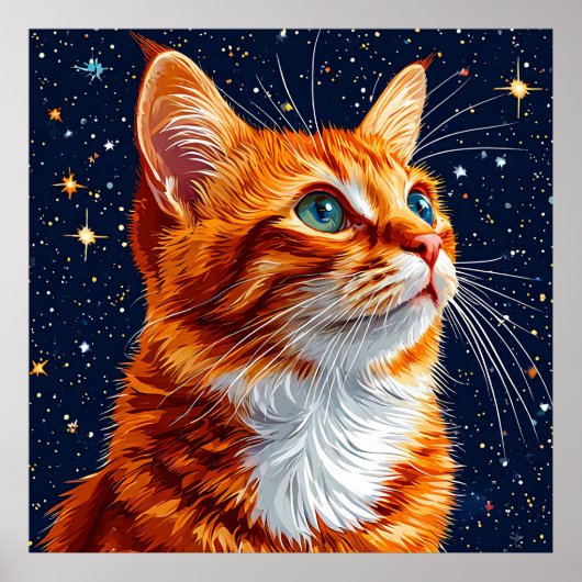 Cat Gazing bei einem Sternenkosmischen Nachthimmel Poster (Vorne)