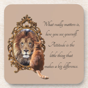 Cat Gazing Mirror Lion Inspiration Text Vintag Getränkeuntersetzer