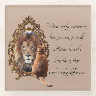 Cat Gazing Mirror Lion Inspiration Text Vintag Glasuntersetzer