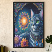 Cat Gazing Under a Starry Sky um Mitternacht Poster