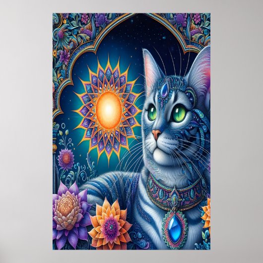 Cat Gazing Under a Starry Sky um Mitternacht Poster (Vorne)