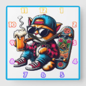 Cat genießt beim Skateboarden einen Drink Quadratische Wanduhr (Vorderseite)