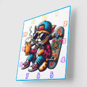 Cat genießt beim Skateboarden einen Drink Quadratische Wanduhr (Winkel)