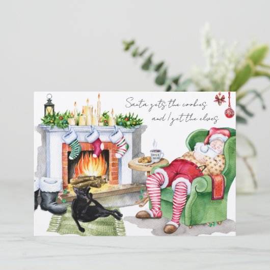 Cat gibt den Elfen Funny Weihnachten Gruß Karte (Stehend Vorderseite)