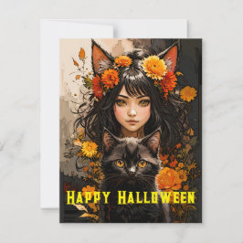 Cat Girl and Black Cat Halloween Feiertagskarte
