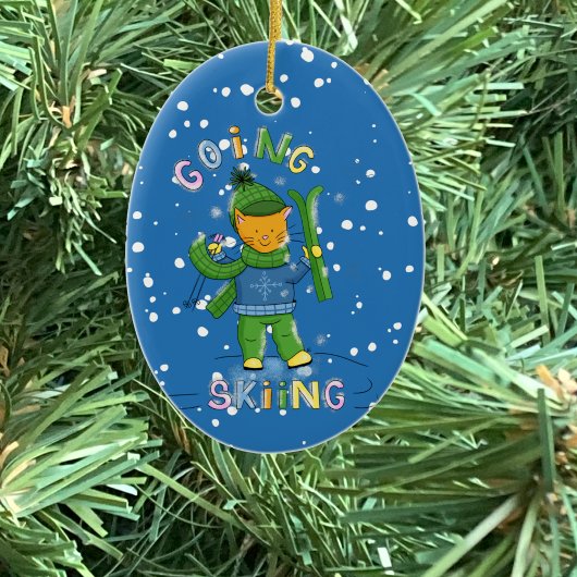 Cat going skiing Christmas ornament
