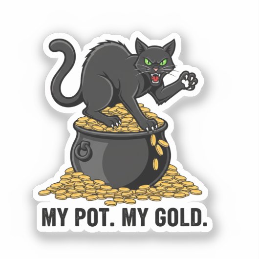 Cat Guarding Pot Of Gold Funny St Patrick Sticker (Vorderseite)