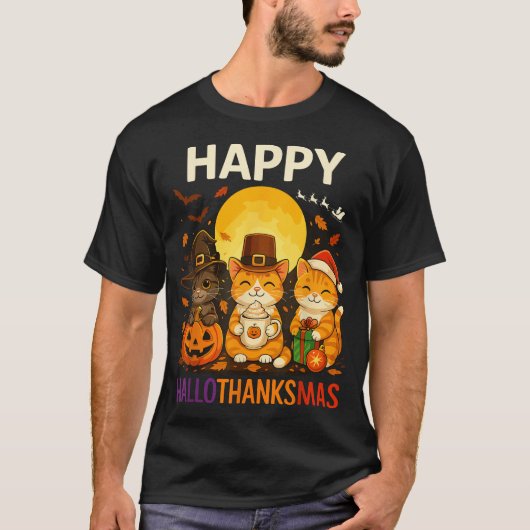Cat Hallothanksmas Kitten Halloween Erntedank T-Shirt (Vorderseite)