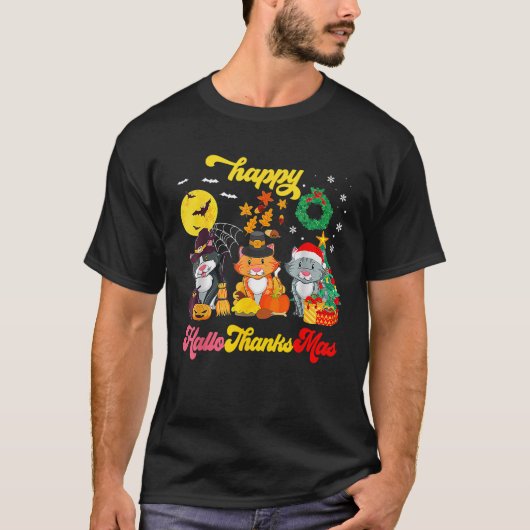Cat Halloween Christmas Happy Hallothanksmas Thank T-Shirt (Vorderseite)