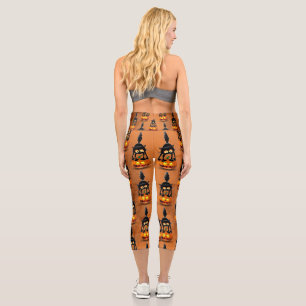 Cat Halloween erschreckter Cartoon auf Kürbiskröte Capri Leggings