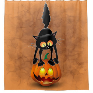 Cat Halloween erschreckter Cartoon auf Kürbiskröte Duschvorhang