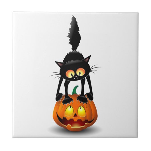 Cat Halloween erschreckter Cartoon auf Kürbiskröte Fliese (Vorderseite)