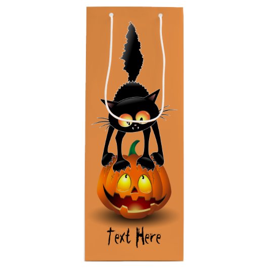 Cat Halloween erschreckter Cartoon auf Kürbiskröte Geschenktüte Für Weinflaschen (Vorderseite)